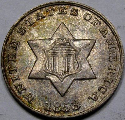 1853 Silver Three Cent Gem BU+ 100% ORIGINAL with VERY NICE TONING, Great Coin!! - Image 1 of 4