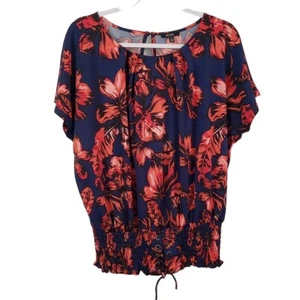 AUW Floral Smocked Navy / Red Cap Sleeve Tear Drop Closure Top Junior Large - Picture 1 of 10