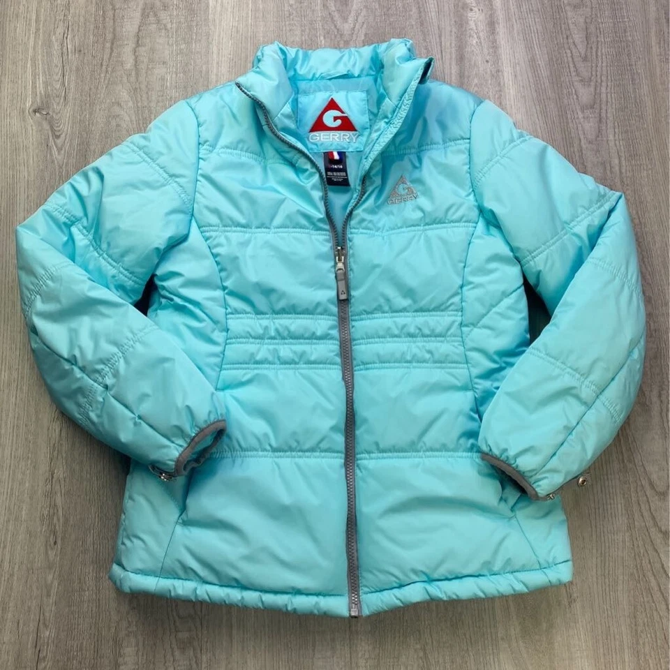 Chaqueta acolchada Gerry Girls azul de longitud media forrada con cremallera bolsillos en el cuello falso L 14/16 Foto 1 de 4
