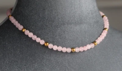 COLLAR REDONDO DE CUARZO ROSA Y ORO HEMATITA 6 MM ~ PLATA DE LEY 925 18" Foto 1 de 2