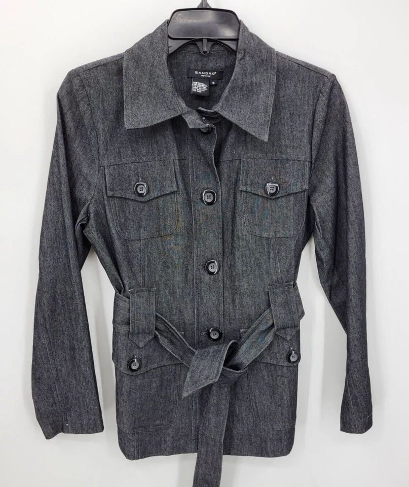 Sandro 夹克女式小号黑色水洗牛仔棉弹力腰带纽扣 — 第 1/4 张图片