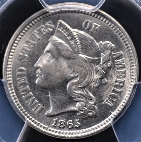 1865 THREE CENT NICKEL PCGS MS 62 BRIGHT AND FROSTY LUSTROUS SILVERY BRUSHED Cover