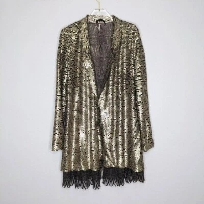 Куртка Free People золотистая потускневшая с блестками звездная пыль черные кружевные карманы размер S - Изображение 1 из 4