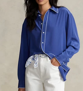 Neu ohne Etikett Polo Ralph Lauren Bluse Maulbeerseide Knopfleiste blau UVP 348 $ Größe L - Bild 1 von 8