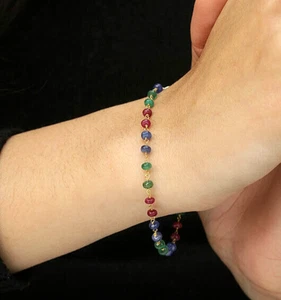 18K Yellow Gold Beads Bracelet Sapphire Ruby Gemstone Handmade Her Gift Jewelry - Picture 1 of 6