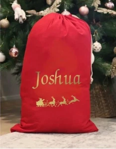 Personalised Christmas Sack Santa Sleigh Large XL Cotton Drawstring Xmas 4 Sizes - Picture 1 of 6
