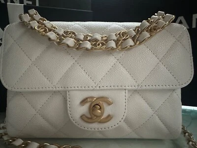 New 25P CHANEL White Caviar Mini Rectangular Chain Top Handle Flap  Bag Gold - Image 1 of 4