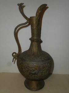 Antique Brass COBRA Handle Ornate Hand Hammered ELEPHANTS TIGERS Water Pitcher - Picture 1 of 24