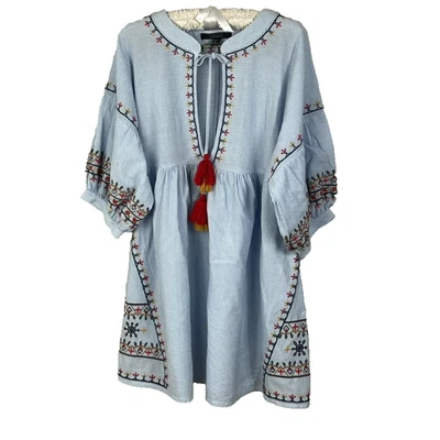 Forever 21 Dress Women's XL Blue and White Striped Cotton Embroidered Peasant - Image 1 of 4
