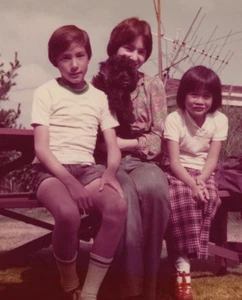 1970s Family Portrait Woman Boy Girl Pet Dog Backyard Picnic Table - Picture 1 of 3