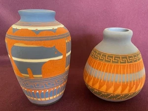Navajo Blue and Rust-Burnt Orange Etched Ceramic Pots Signed by Native American - Picture 1 of 6