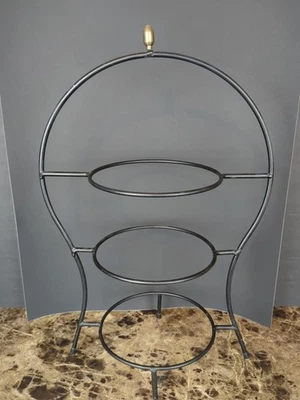 Vintage 3 Tier Dessert Veggie Plate Stand Pie Cooling Rack Black Metal W/ Handle - Image 1 of 4