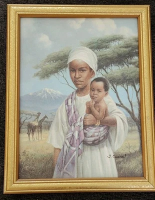 African Art Mother and Child Portrait On Canvas Framed By J. Coleman  14" x 18" - Image 1 of 4