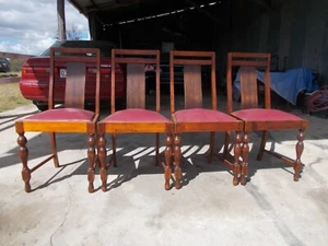 SOLID TIMBER VINTAGE CHAIRS X 4 RED IMITATION LEATHER SEATS GOOD CONDITION $160 - Picture 1 of 18
