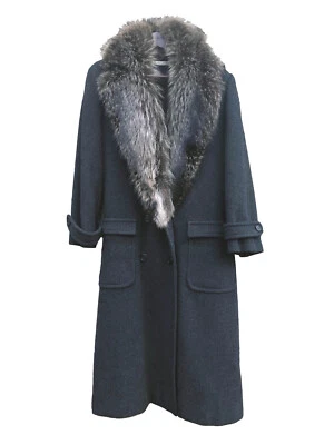 Casaco de lã Perry Ellis vintage anos 70-80 maxi cinza escuro com gola xale de pele de guaxinim 12 - Imagem 1 de 4