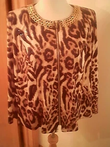 MSK brand women's 1X animal print sequin jacket gold neckline Vtg zip Multicolor - Picture 1 of 6