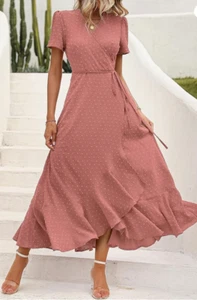 PrettyGarden Summer Casual Boho Floral V-Neck Ruffle Hem Long Dress (Pink, 2XL) - Picture 1 of 4