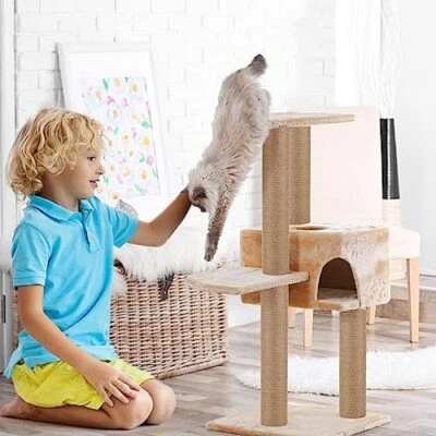 Cat Scratching Post Tower Yellow Sisal Hemp Climbing Frame DIY Furniture - Image 1 of 4