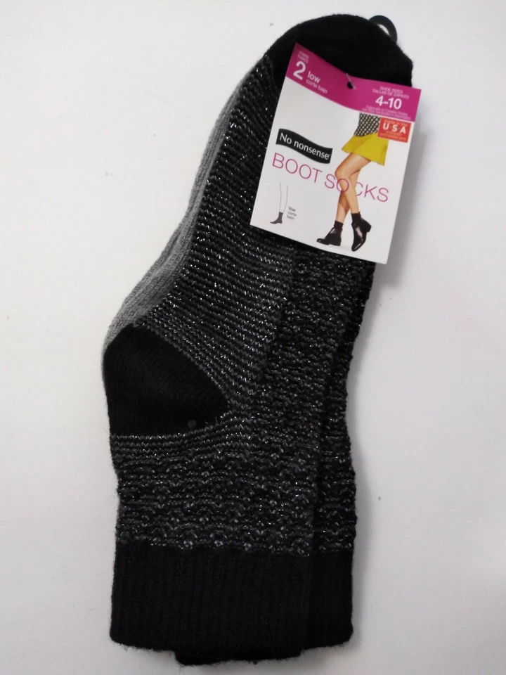 No Nonsense Boot Socks 2 Pair 4-10 Shoe Size Low Corte Black & Grey  - Image 1 of 4