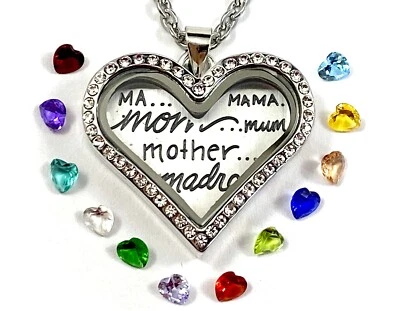 Mother's Gift Glass Locket Necklace Birthstone Jewelry Crystal Floater Mama Kids - Image 1 of 4