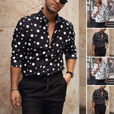 Mens Retro Polka Dot Long Sleeve Button Down Shirt Slim Fit Shirt Tee Blouse Top - Image 1 of 4
