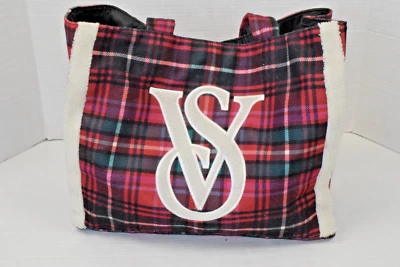 Victorias Secret Shoulder Bag Red Tartan Plaid Large Logo Fleece Trim 12 X 15 In - Image 1 of 4