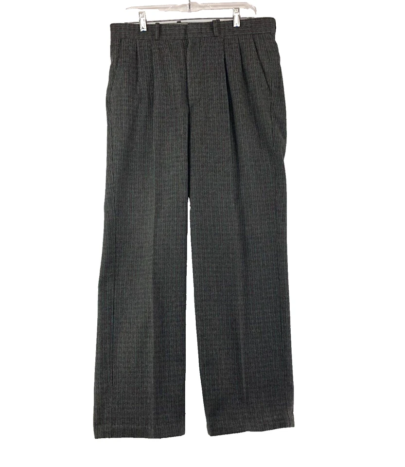 John Henry Dress Pants Mens Sz 34" x 3" Brown Blue Check Poly Wool Pleated Front - Image 1 of 4