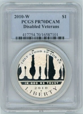 2010W DISABLED VETERANS COMMEMORATIVE $1 PCGS PR70DCAM Cert. 16587101 - Image 1 of 2