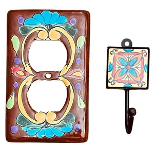 Mexico FOLK ART TALAVERA  Floral Wall Decor Mexican Outlet Plate 3"x5" + Hook - Picture 1 of 6