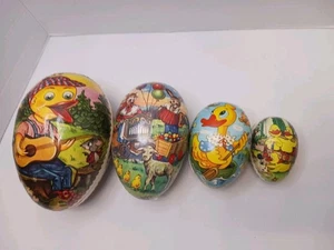 Vtg German 4 Pc Paper Mache Easter Egg Nesting Fillable Cardboard Chickens Bunny - Picture 1 of 23