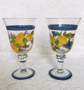 2 Vintage, Pretty, Hand Painted, 12 Oz. Fruit Design Water Goblets 7” Tall - Picture 1 of 8