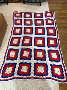 VINTAGE red white blue 48" X 70" CROCHET GRANNY square AFGHAN - Picture 1 of 4