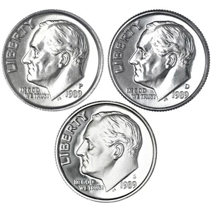 1989 P D S Roosevelt Dime Year Set Clad Proof & BU US 3 Coin Lot - Picture 1 of 5