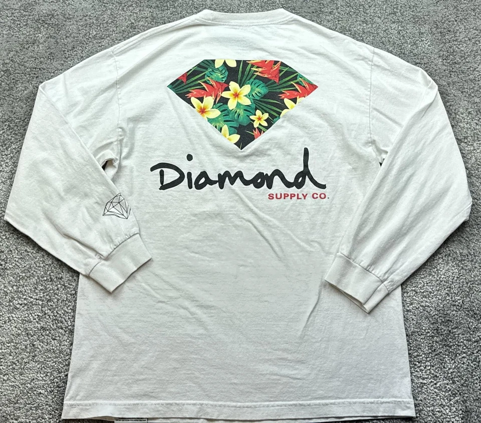 Camisa Diamond Supply Co Para Hombre Grande Blanca Manga Larga Floral Diamante Gráfico Espalda Foto 1 de 4