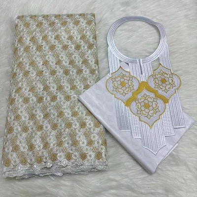 YQOINFKS Africa Bazin Fabric Cord Lace Mesh Party Dress Set Cotton Fabric Sewing - Image 1 of 4