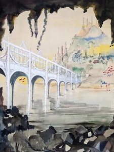 Vintage Large Original watercolour painting landscape openwork bridge unsigned - Picture 1 of 15