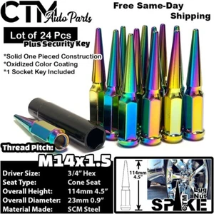 24x 4.5" Tall Neo Chrome 14x1.5 Spike Lug Nut Fit C1500 C2500 K1500 K2500 Truck - Picture 1 of 4