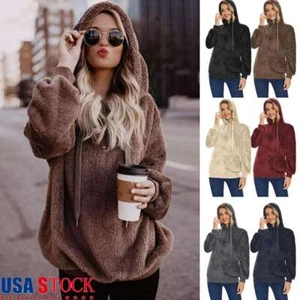 Womens Fleece Tunic Pullover Sweatshirt Ladies Long Sleeve Coat Hoodie Tops - Picture 1 of 19
