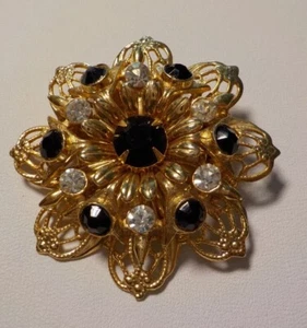 Gold Tone Black And White Rhinestone Flower Brooch. 1 3/4". - Picture 1 of 4