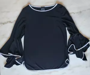 Coco Bianco Black White Piped Bell-Sleeved Boho Top Size Medium Vtg Made in USA - Picture 1 of 8