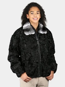 Women's Black Real Persian Lamb Fur bomber jacket chinchilla fur Collar Pre Sale - Picture 1 of 4