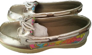 Mädchen Bootsschuhe Größe 5 gold geblümt Seiten Slipper Girly Freizeit Flirty Sonoma - Bild 1 von 5