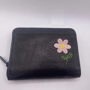 Vintage Buxton Leather Co bestickt Blume Gänseblümchen Geldbörse schwarz 4,5x3,5 - Bild 1 von 8