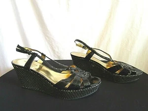 AK Anne Klein Iflex Black Patent Gold Stud Wedge Slingback Sandals Women Sz 8.5 - Picture 1 of 11