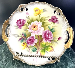 Vintage handbemalte Netzschale Floral rosa Rosen Goldrand 8 3/8" HDL2HDL - Bild 1 von 9