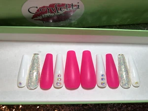 Hot Pink & White Glitter Press On Nails - Glue On Fake Fingernails - Long Short - Picture 1 of 5