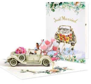 Handgefertigte 3D Pop Up Karte Just Married/Hochzeitsauto 15 cm x 20 cm - Bild 1 von 1