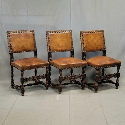 Antique Spanish or Renaissance Revival Oak and Leather Side Chairs - Set of 3 - Image 1 of 4
