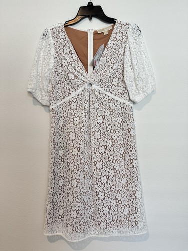 Abito donna Michael Kors bianco beige scollo a V lunghezza ginocchio manica corta nuovo con etichette