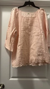 Blusa túnica con cuello redondo de lino rosa simple XL Beach Lagenlook mangas 3/4 - Imagen 1 de 6